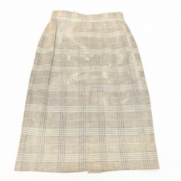 Laurel Patterned Plaid Straight Linen Pencil Skirt Cream Brown Size 40 - Picture 1 of 7